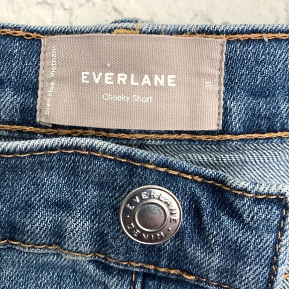 EVERLANE Cheeky Denim Jean Shorts Button Fly Pockets Distressed Fray Hem Size 31 - Picture 7 of 10
